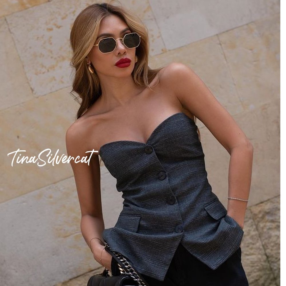 Zara 2 Piece Bustier And Blazer Navy Blue Set Sz XS NWT - Picture 15 of 17